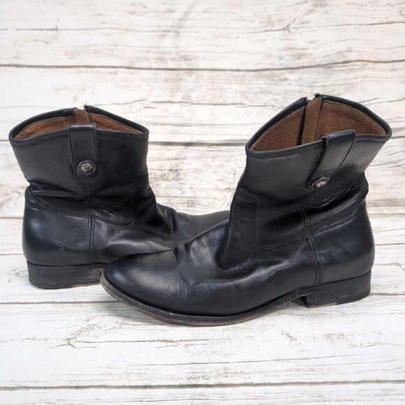 Frye Shoes - Frye Melissa Button Short Black Leather Slip On Moto Riding Boots Women Size 9